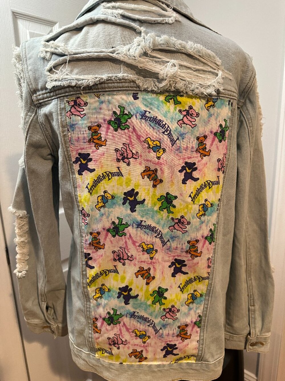 Grateful Dead Dancing Bears Denim Distressed Jean Jacket with Lace Up Front (L)